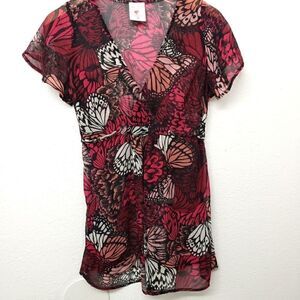 Two Hearts Maternity Sheer Pink Butterfly Blouse Size S